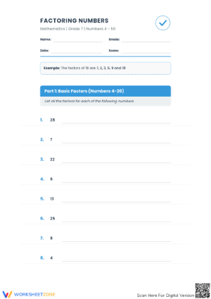 Printable Factoring Numbers 4-50 Worksheet | Grade 7 Math