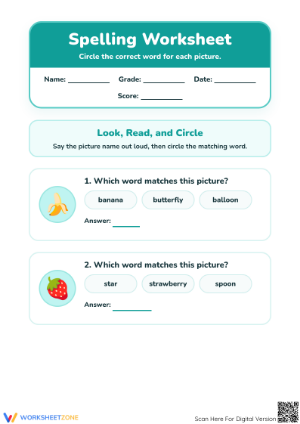 Printable Preschool Spelling Worksheet: Picture Matching