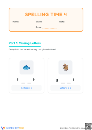 Printable Spelling Time 4 Worksheet | Preschool ELA