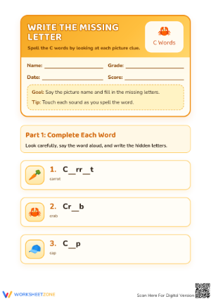Printable Letter C Spelling Worksheet | Preschool Ready