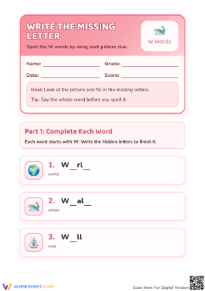 Printable W Words Spelling Worksheet | Preschool ELA