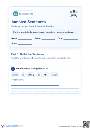 Jumbled Sentences Worksheet | Printable Kindergarten ELA