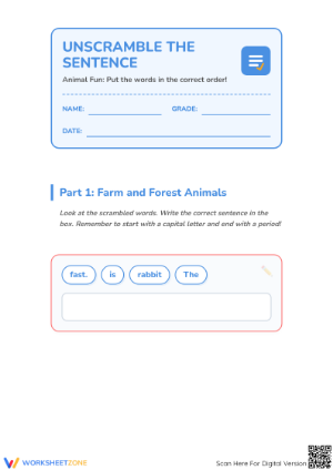 Printable Unscramble the Sentence Worksheet | Grade 1 ELA