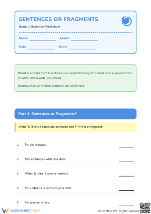 Printable Sentences or Fragments Worksheet | Grade 1 ELA