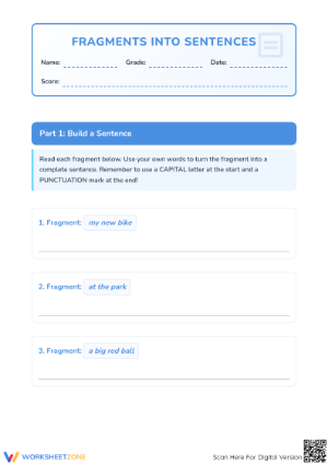 Fragments into Sentences 1 | Essential Grade 1 ELA Worksheet