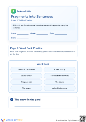 Grade 1 Sentence Building — Printable No-Prep Worksheet