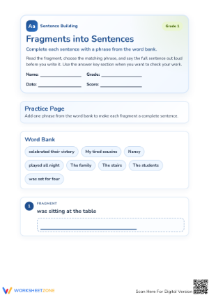 Printable Grade 1 Sentence Fragments Worksheet