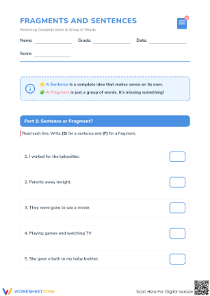 Printable Grade 1 Fragments and Sentences Worksheet