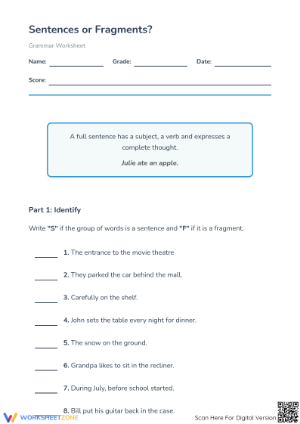 Sentences vs. Fragments Worksheet | Grade 1 ELA Printable