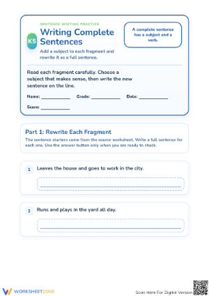 Essential Writing Complete Sentences Worksheet | Grade 1 ELA