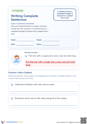 Printable Writing Complete Sentences Worksheet | Grade 4