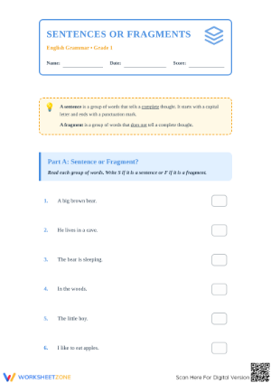 Printable Sentences vs Fragments Worksheet | Grade 1 ELA