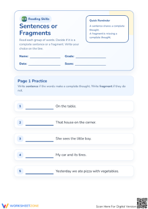 Printable Grade 1 Sentences or Fragments Worksheet