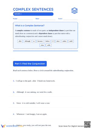 Printable Complex Sentences Worksheet | Grade 2 ELA