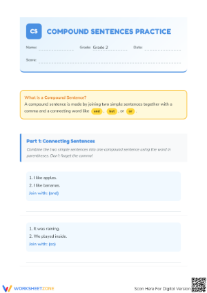 Grade 2 Compound Sentences — Printable No-Prep Worksheet