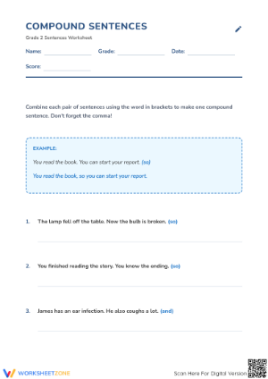 Compound Sentences Printable Worksheet | Grade 2 ELA