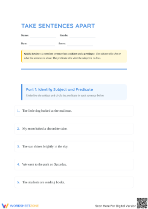 Essential Subject and Predicate Worksheet | Grade 2 ELA