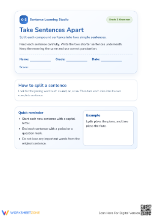 Printable Grade 2 Worksheet: Take Sentences Apart