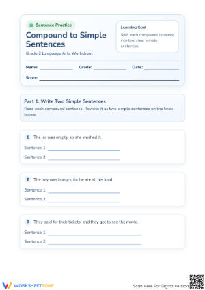 Grade 2 Compound to Simple Sentences – Printable Worksheet