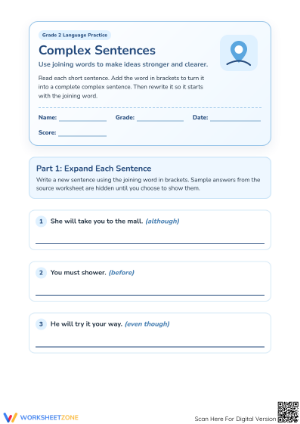 Complex Sentences Worksheet | Printable Grade 2 ELA