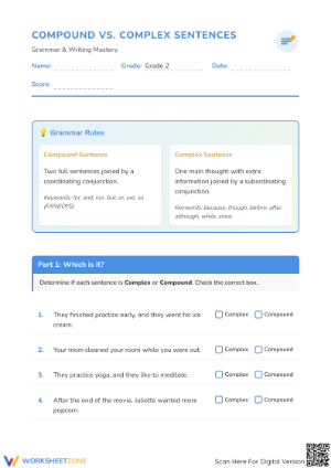 Printable Compound and Complex Sentences Worksheet | Grade 2