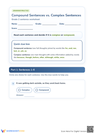 Printable Compound vs Complex Sentences Worksheet | Grade 2