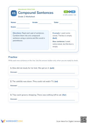 Printable Compound Sentences Worksheet | Grade 2 ELA