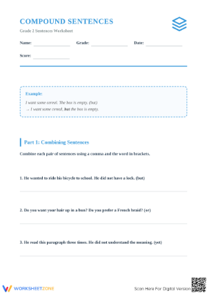 Compound Sentences Printable Worksheet | Grade 2 ELA