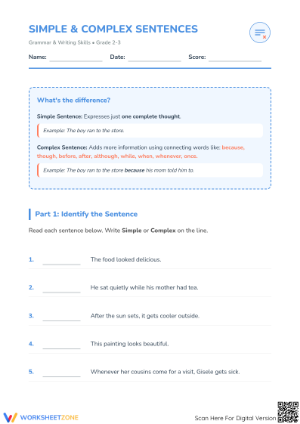 Simple and Complex Sentences Printable | Grade 2 ELA