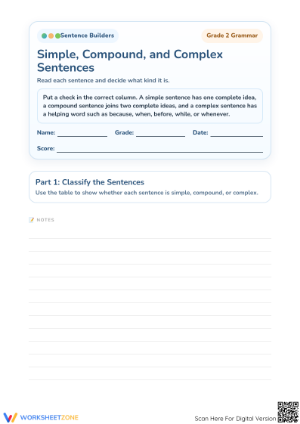 Simple, Compound & Complex Sentences Worksheet | Printable