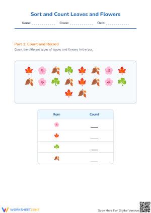 Printable Sort & Count Worksheet: Leaves & Flowers (Grade 1)
