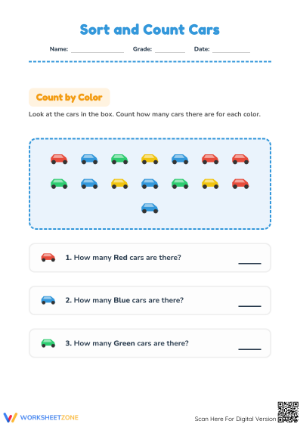 Printable Grade 1 Sort and Count Cars Math Worksheet