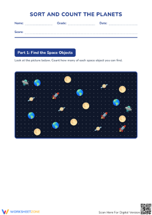 Essential Sort and Count Planets Worksheet — Grade 1-3 Math