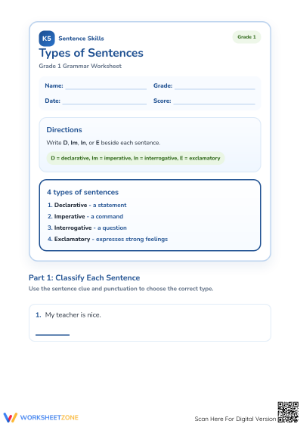 Types of Sentences Worksheet | Grade 1 Printable Essential