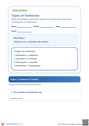 Printable Types of Sentences Worksheet | Grade 1 ELA