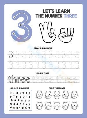 Learn the Number 3: Tracing, Counting & Coloring Worksheet