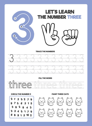 Learn the Number 3: Tracing, Counting & Coloring Worksheet