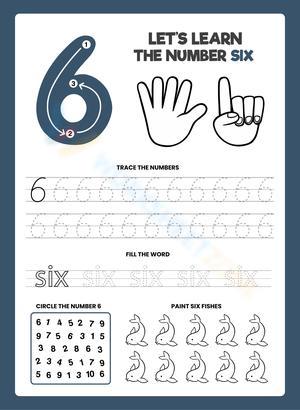 Number 6 Worksheet for Kids: Trace, Spell, and Paint Six Fish