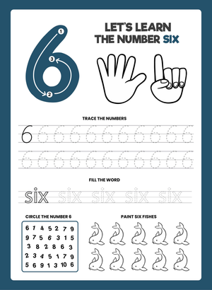 Number 6 Worksheet for Kids: Trace, Spell, and Paint Six Fish