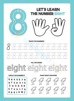 Number 8 Worksheet: Trace, Spell & Paint Eight Dolphins

