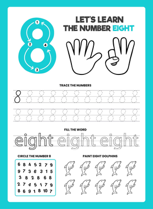 Number 8 Worksheet: Trace, Spell & Paint Eight Dolphins

