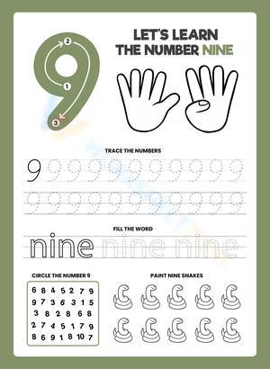 Number 9 Worksheet: Trace, Read, and Paint Nine Snakes