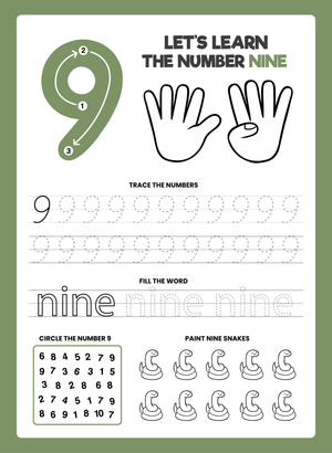Number 9 Worksheet: Trace, Read, and Paint Nine Snakes