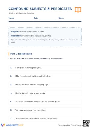 Compound Subjects and Predicates Worksheet | Grade 4-5 Ready