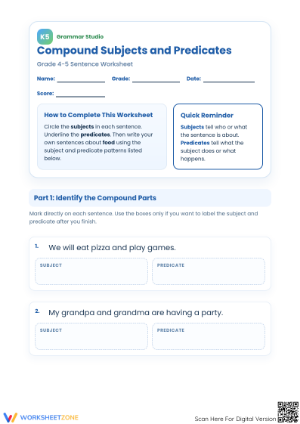 Essential Worksheet: Compound Subjects & Predicates (Grade 4-5)