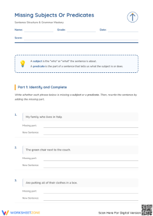 Printable Subjects and Predicates Worksheet | Grade 4-5