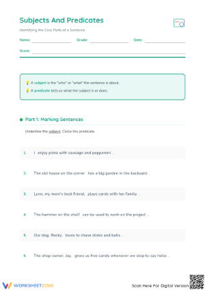 Subjects and Predicates 1 Worksheet | Grade 4 Printable