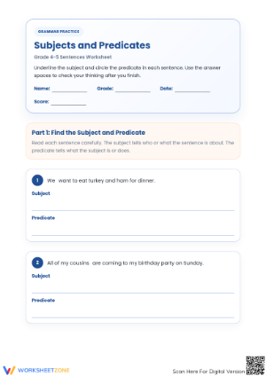 Essential Subjects and Predicates Worksheet | Grade 4-5