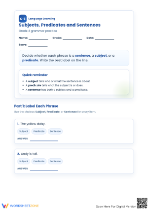 Printable Subjects and Predicates Worksheet | Grade 4 ELA