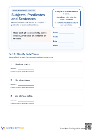 Grade 4 Subject and Predicate — Printable No-Prep Worksheet